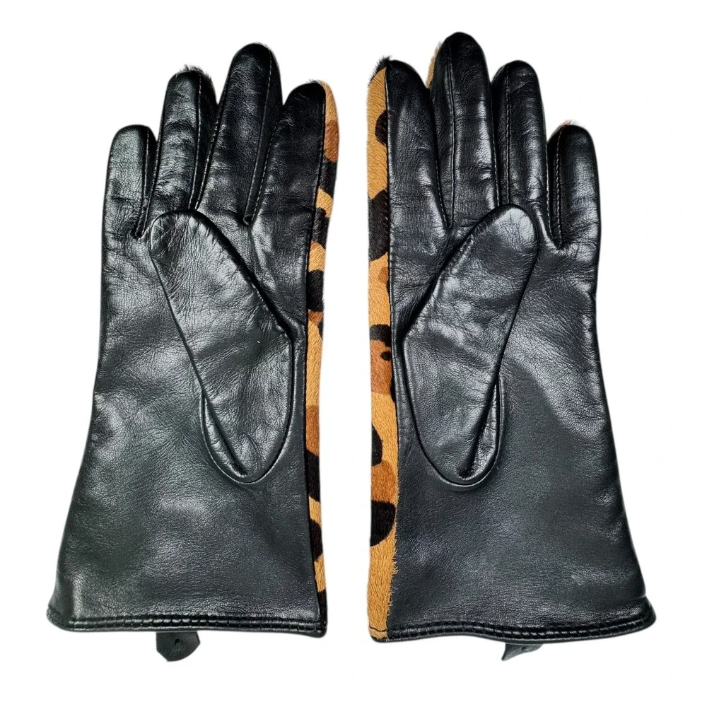 New Chicos Black Label Leopard Gloves S Black Leather Pony‎ Hair Mob Wife Chic
